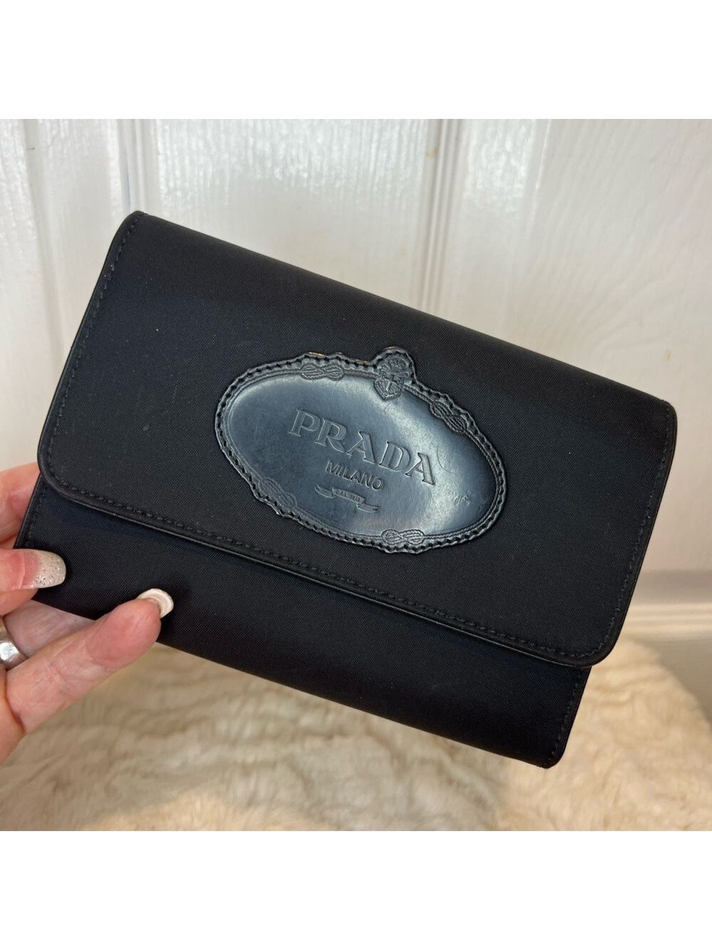 PRADA TRI-FOLD NERO BLACK COMPACT NYLON LEATHER WALLET